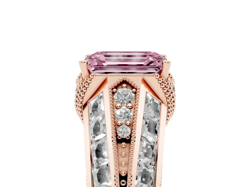 Fancy Pink Emerald Cut Diamond Vintage-Inspired Milgrain Ring Set in Rose gold with Accent Split Shank