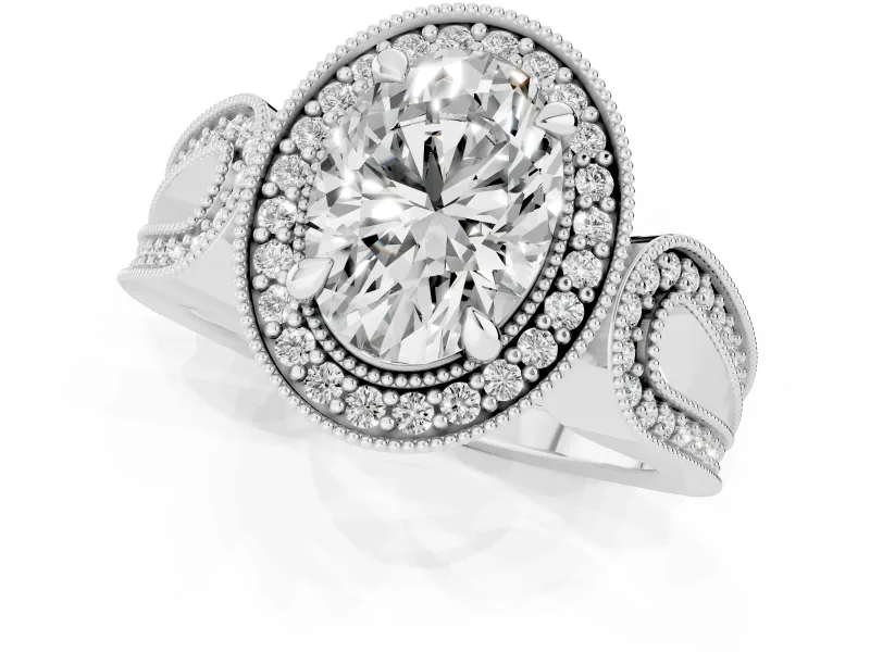 Oval Vintage Milgrain Halo Engagement Ring Setting | Open Loop Pave Shoulders | Platinum