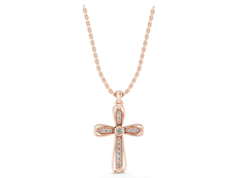 Round Lab-Grown Diamond Bezel Milgrain Cross Pendant Necklace | Scrolled Outline | Rose Gold