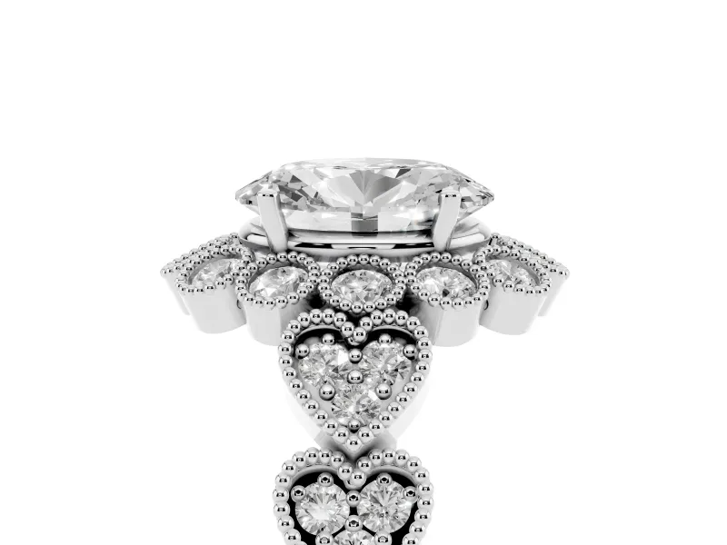 Oval Vintage Scalloped Milgrain Halo Engagement Ring Setting | Heart Pavé Band | Sterling Silver
