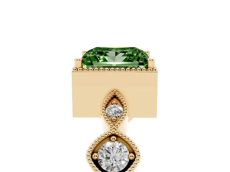 Fancy Green Princess Cut Diamond Vintage-Inspired Milgrain Ring Set in Yellow gold with Marquise Stations of Round Accents