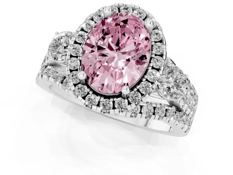 Oval Halo Split Shank Engagement Ring Setting for a Fancy Pink Lab-Grown Diamond | Round Side Stones | Platinum