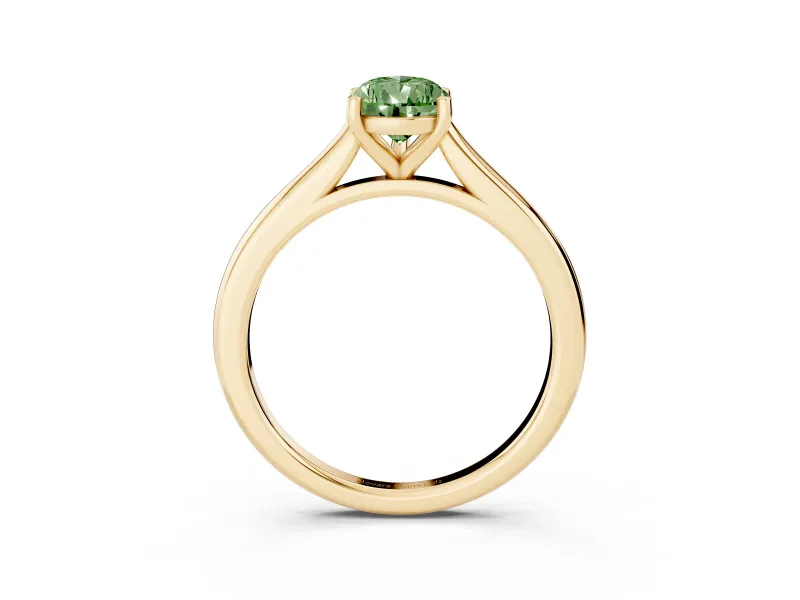 Fancy Green Pear Cut Diamond Solitaire Ring Set in Yellow gold with Cathedral Band and Prong Setting