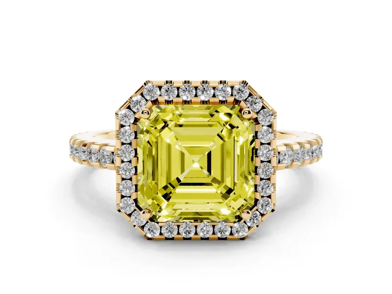 Fancy Yellow Asscher Cut Diamond Halo Ring Set in Yellow gold with Pavé Shoulders and Halo-Framed Center
