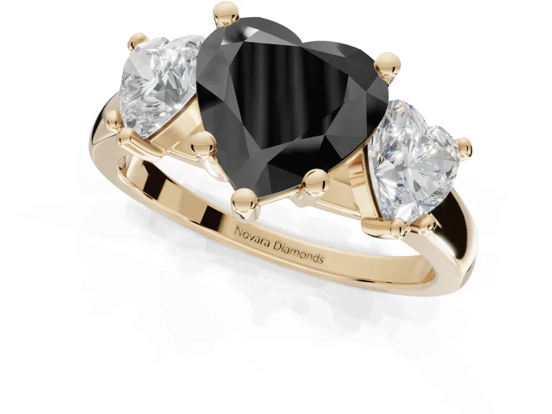 Heart-Shaped Three Stone Engagement Ring Setting for a Black Center | Tapered Band | Yellow Gold