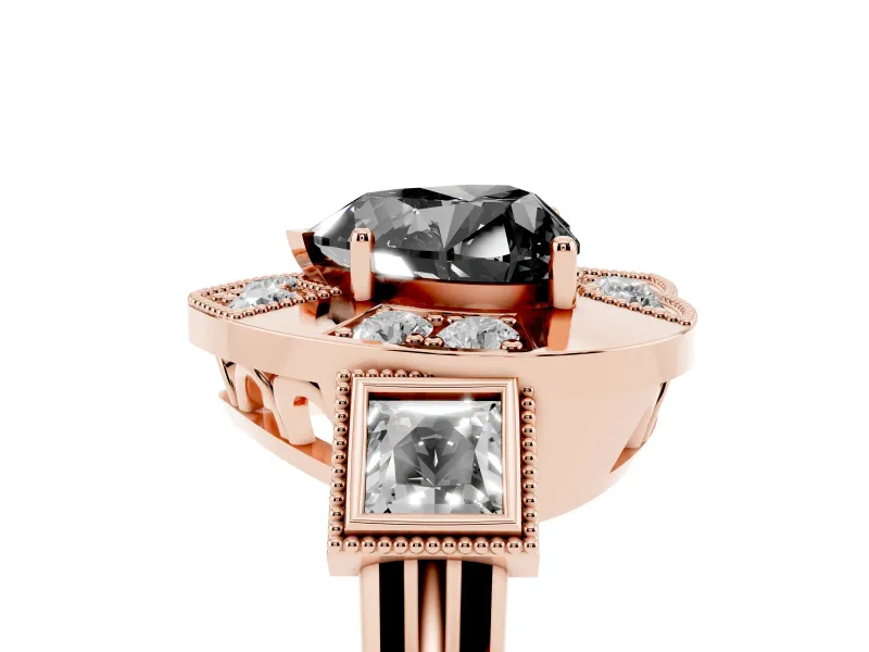 Fancy Black Heart Cut Diamond Milgrain Halo Ring Set in Rose gold with Split Shank