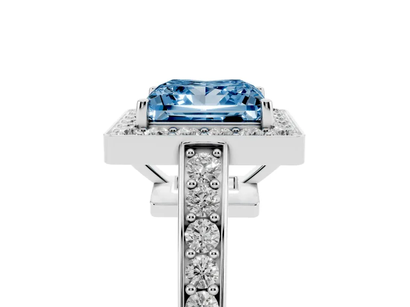 Fancy Blue Princess Cut Diamond Halo Pavé Engagement Ring Set in White gold with Bezel Setting