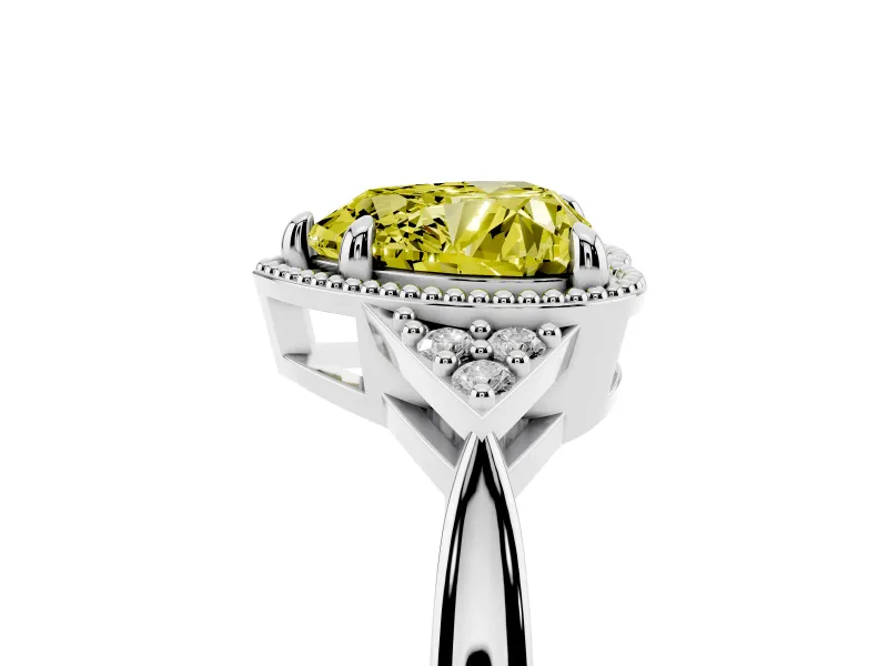 Fancy Yellow Heart Cut Diamond Milgrain Solitaire Ring Set in White gold with Tapered Pavé Band and Prong Setting