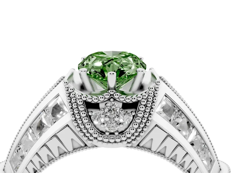 Fancy Green Pear Cut Diamond Vintage-Inspired Milgrain Ring Set in Silver with Accent Split Shank