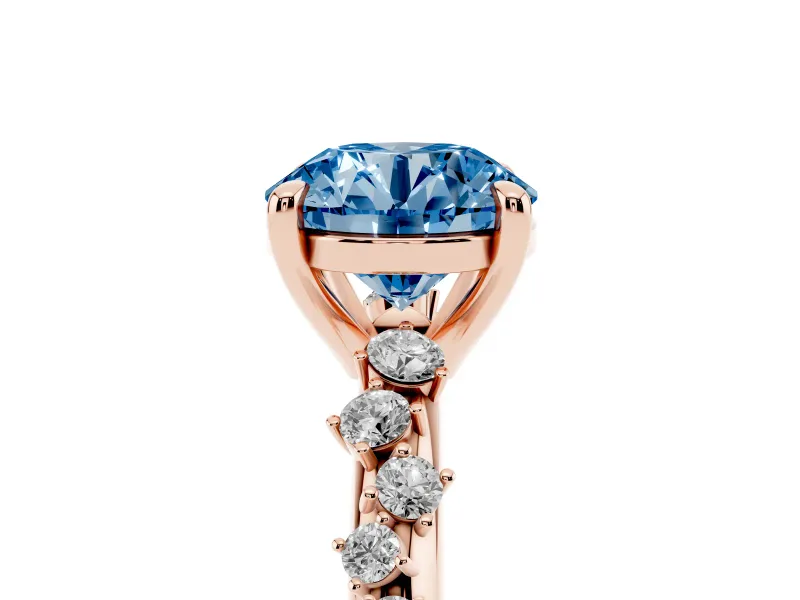 Fancy Blue Round Cut Diamond Solitaire Vine Band Ring Set in Rose gold with Round Accents and Prong Setting