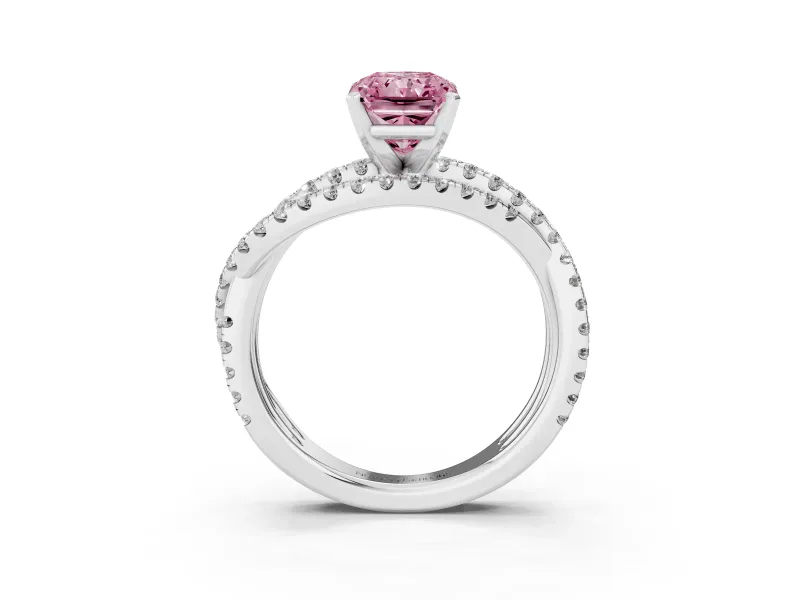 Fancy Pink Radiant Cut Diamond Solitaire Twist Band Ring Set in White gold with Pavé Setting and Prong Head