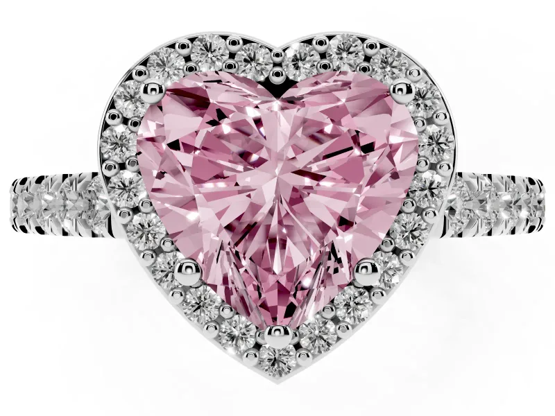 Fancy Pink Heart Cut Diamond Halo Engagement Ring Set in Platinum with Pavé Band and Prong Setting