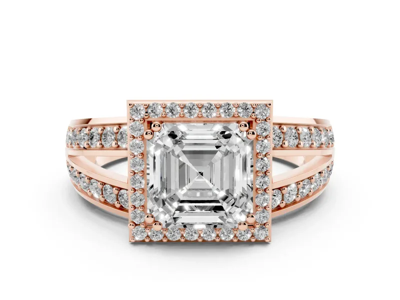 Asscher Cut Diamond Halo Ring Set in Rose gold with Double Pavé Split Shank