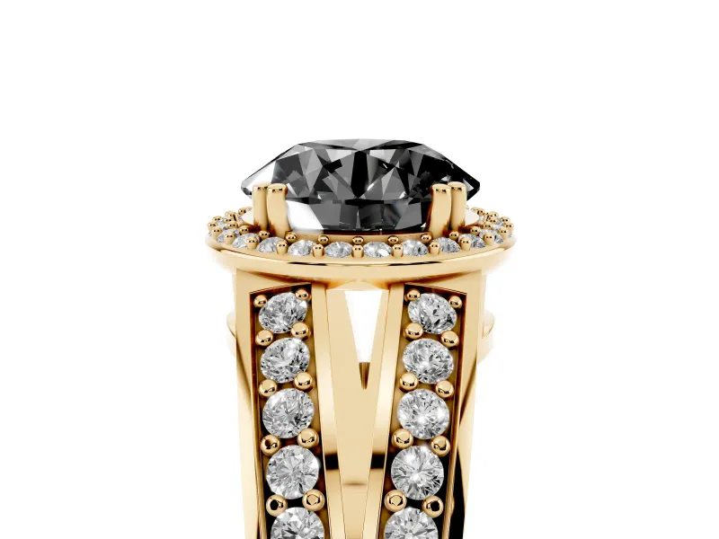 Round Halo Engagement Ring Setting for a Black Center | Two-Row Pavé Split Shank | Yellow Gold