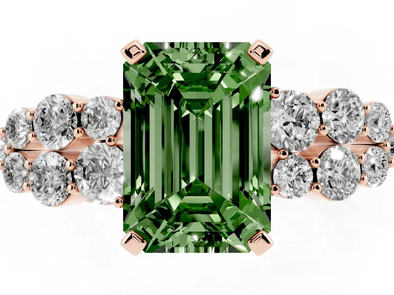 Emerald Cut Side Stone Engagement Ring Setting for a Fancy Green Lab-Grown Diamond | Shoulder Clusters | Rose Gold
