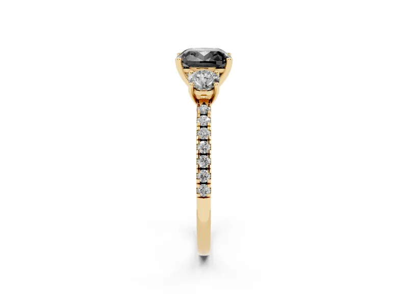 Cushion Cut Three Stone Engagement Ring Setting for a Black Center | Pavé Shoulders | Yellow Gold