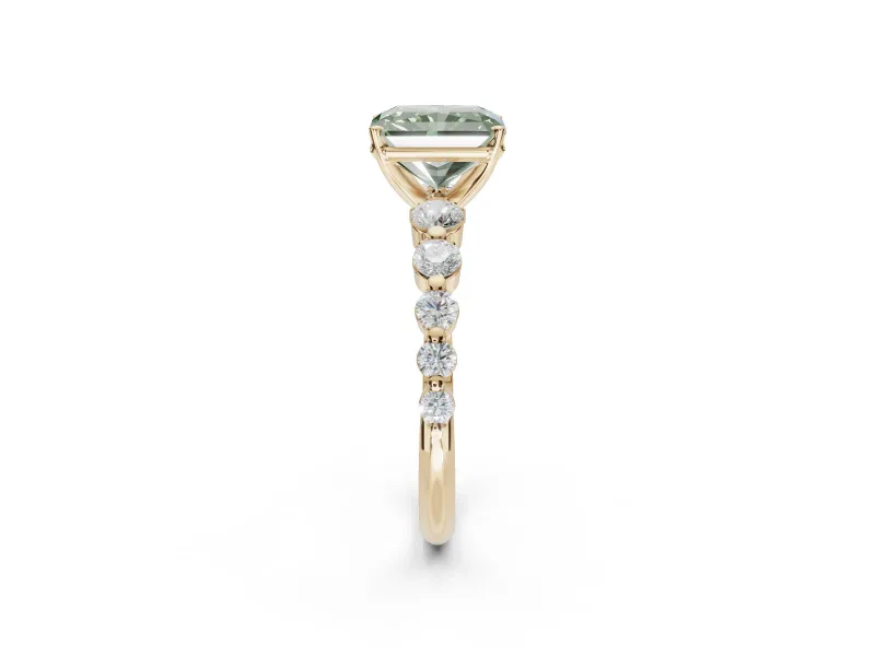 Radiant Cut Graduated Side Stone Engagement Ring Setting for a Fancy Green Lab-Grown Diamond | Yellow Gold