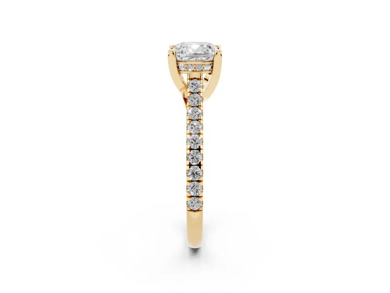 Cushion Cut Hidden Halo Pave Engagement Ring Setting | Claw Prongs | Yellow Gold