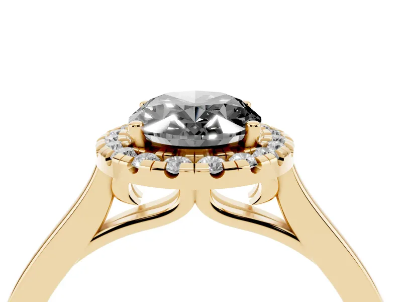 Fancy Black Oval Cut Halo Round Diamond Solitaire Ring Set in Yellow gold with Pavé Band and Prong Setting