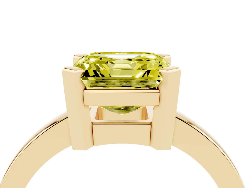 Fancy Yellow Asscher Cut Diamond Solitaire Ring Set in Yellow gold with Prong Head and Smooth Polished Band