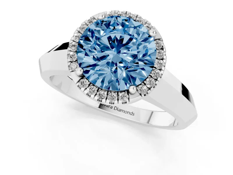 Fancy Blue Round Cut Diamond Halo Ring Set in Silver with Cathedral Band and Prong Setting