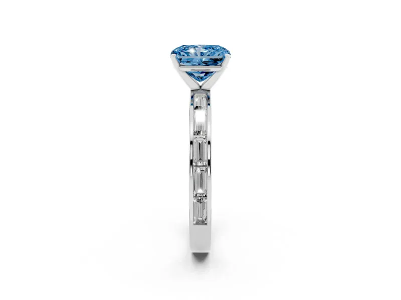 Fancy Blue Radiant Cut Diamond Solitaire Ring Set in Silver with Channel-Set Baguette Band and Prong Setting