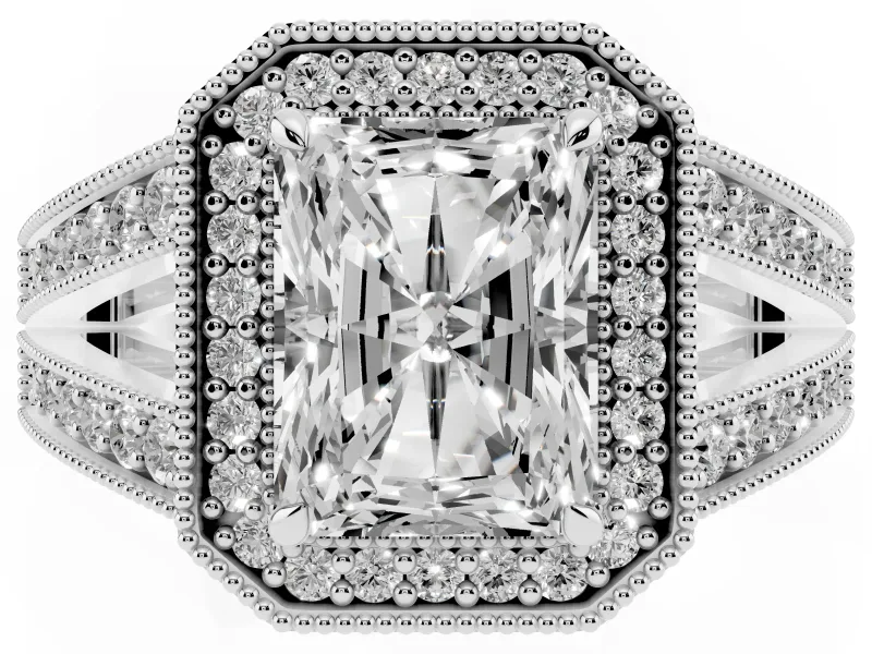 Radiant Cut Vintage Milgrain Halo Engagement Ring Setting | Pave Split Shank | Platinum