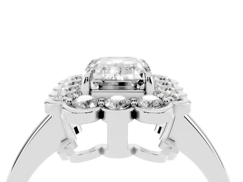 Emerald Cut Scalloped Cluster Halo Engagement Ring Setting | Plain Band | Platinum