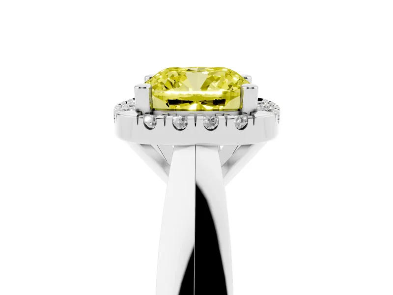 Cushion Cut Halo Engagement Ring Setting for a Fancy Yellow Lab-Grown Diamond | Square Profile Band | Platinum