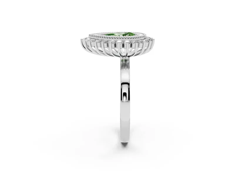 Fancy Green Pear Cut Diamond Halo Ring Set in Silver with Milgrain Edge and Round Prong Setting