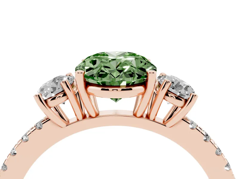 Fancy Green Oval Cut Diamond Three-Stone Ring Set in Rose gold with Pavé Band and Graduated Sides