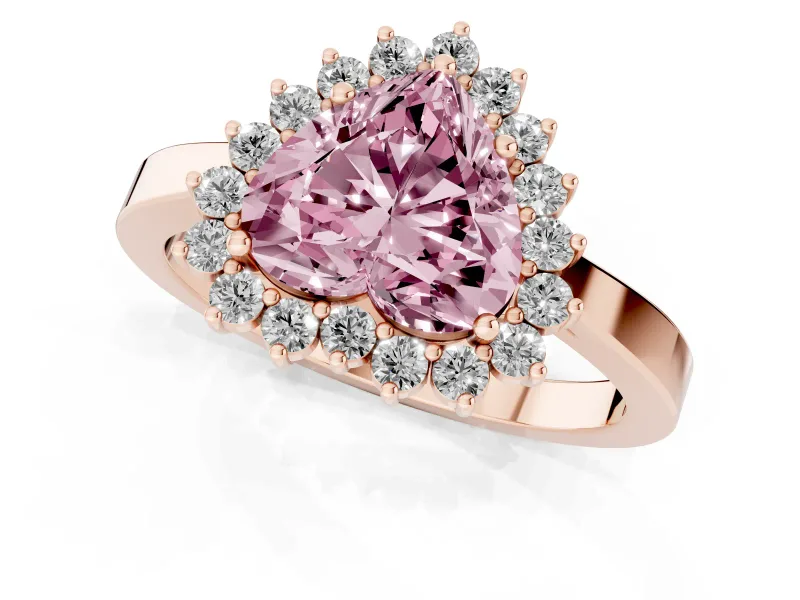 Fancy Pink Heart Cut Diamond Halo Ring Set in Rose gold with Round Halo and Smooth Solitaire Band