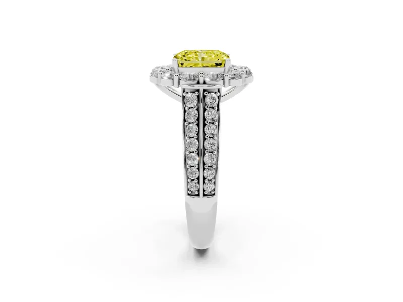 Fancy Yellow Radiant Cut Diamond Halo Engagement Ring Set in White gold with Split Shank and Prong Setting