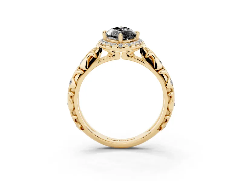 Marquise Leaf Halo Engagement Ring Setting for a Black Center | Bezel Accents | Yellow Gold