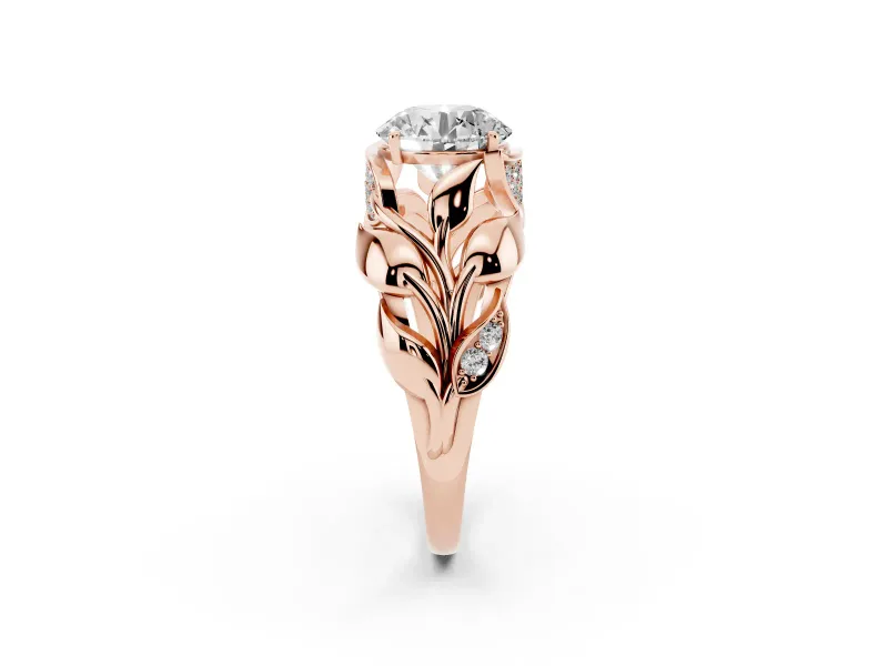 Round Cut Diamond Leaf-Inspired Engagement Ring Set in Rose gold with Round Accents