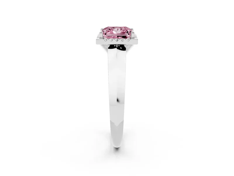 Fancy Pink Princess Cut Diamond Halo Ring Set in White gold with Cathedral Band and Prong Setting