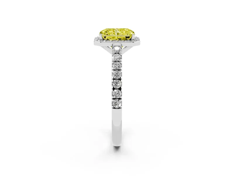 Fancy Yellow Radiant Cut Diamond Halo Engagement Ring Set in Platinum with Pavé Band and Prong Setting