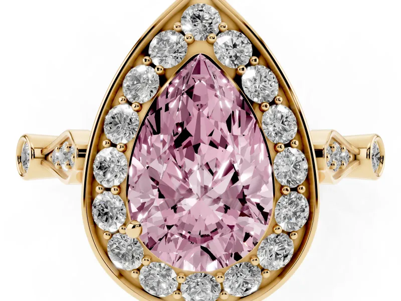 Fancy Pink Pear Cut Diamond Halo Engagement Ring Set in Yellow gold with Twisted Band and Prong Setting