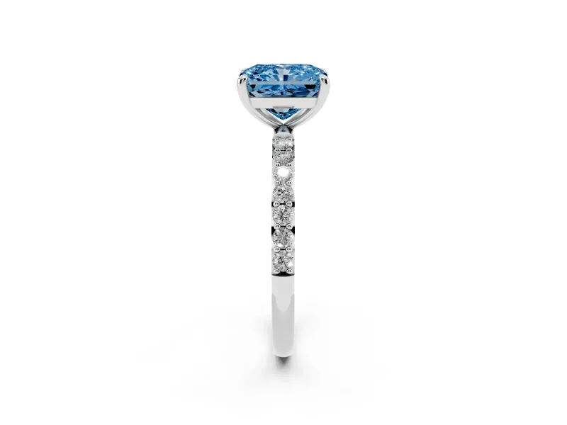 Radiant Cut Pave Solitaire Engagement Ring Setting for a Fancy Blue Lab-Grown Diamond | Pave Shoulders | Sterling Silver