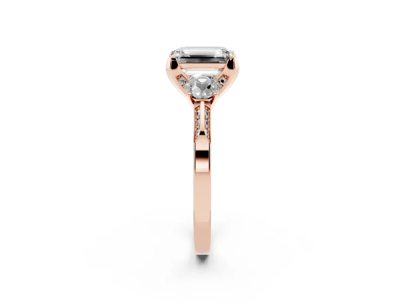 Emerald Cut Hidden Halo Three Stone Engagement Ring Setting for a Fancy Pink Lab-Grown Diamond | Rose Gold