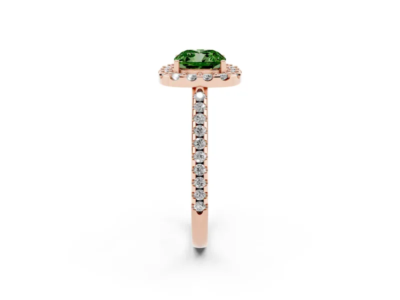 Cushion Cut Pave Halo Engagement Ring Setting for a Fancy Green Lab-Grown Diamond | Pave Band | Rose Gold