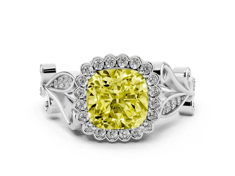 Fancy Yellow Cushion Cut Diamond Halo Ring Set in Silver with Leaf Motif Split Shank and Prong Setting
