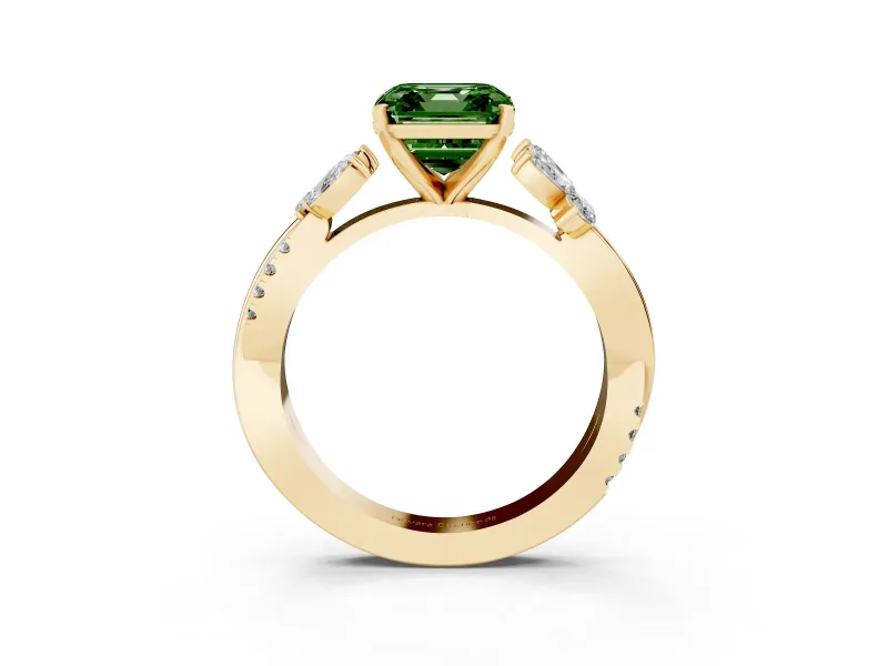 Fancy Green Asscher Cut Diamond Floral Vine Solitaire Engagement Ring Set in Yellow gold with Marquise Leaves