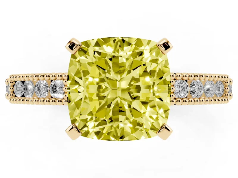 Fancy Yellow Cushion Cut Diamond Solitaire Ring Set in Yellow gold with Slim Pavé Band and Prong Setting
