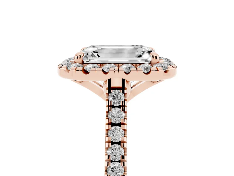 Emerald Cut Halo Engagement Ring Setting | Tapered Band | Rose Gold