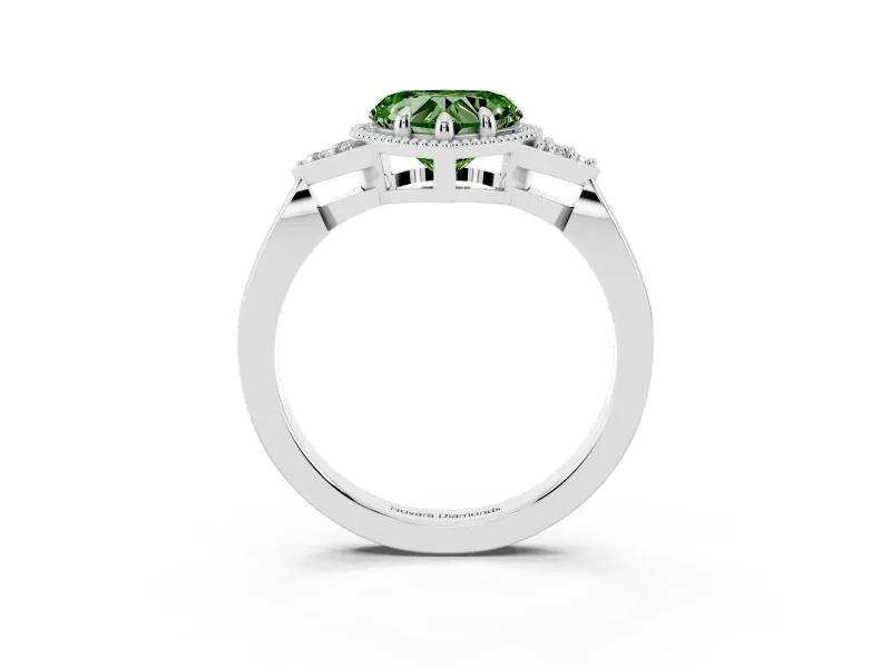 Fancy Green Heart Cut Diamond Milgrain Solitaire Ring Set in Platinum with Tapered Pavé Band and Prong Setting