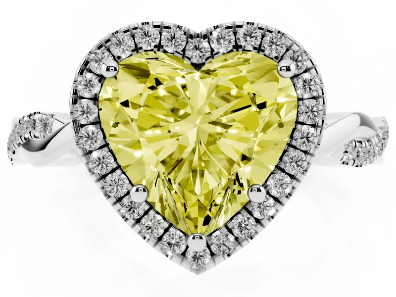 Fancy Yellow Heart Cut Diamond Halo Twisted Band Ring Set in Platinum with Prong Setting