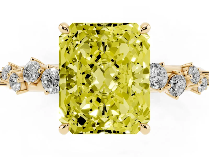 Fancy Yellow Radiant Cut Diamond Cluster Solitaire Ring Set in Yellow gold with Prong Setting