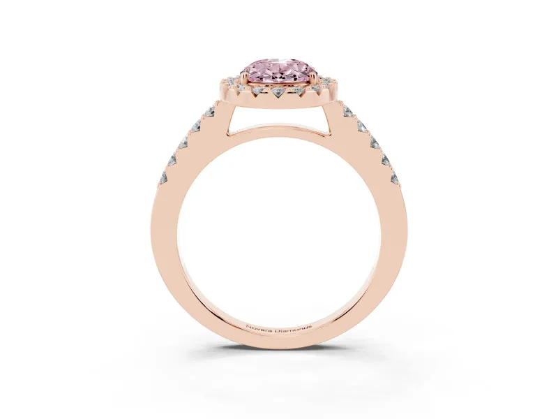 Fancy Pink Oval Cut Diamond Halo Pavé Solitaire Ring Set in Rose gold with Prong-Set Center Stone