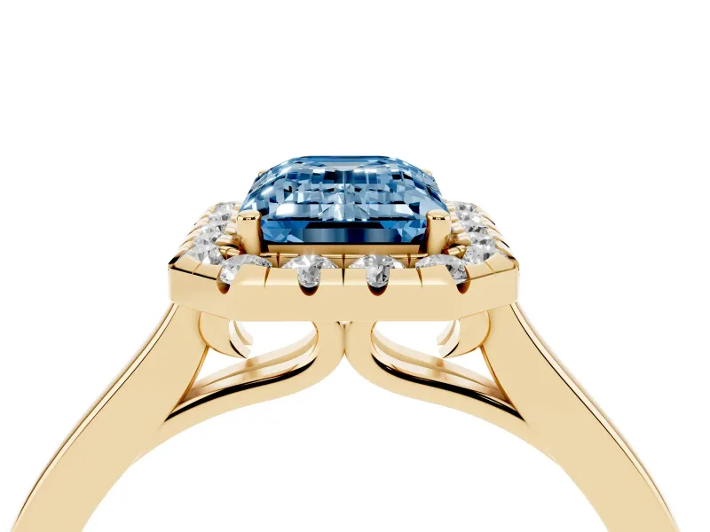Fancy Blue Emerald Cut Halo Round Diamond Solitaire Ring Set in Yellow gold with Pavé Band and Prong Setting